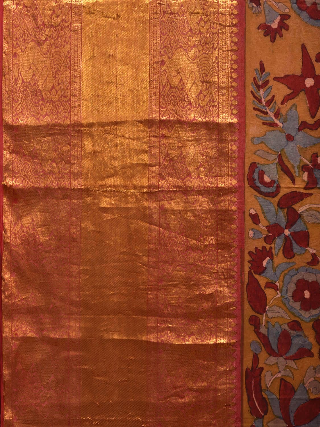 Yellow and Red Kalamkari Hand Painted Kanchipuram Silk Handloom Saree with Floral Design - Global Threads | Swadesiicart