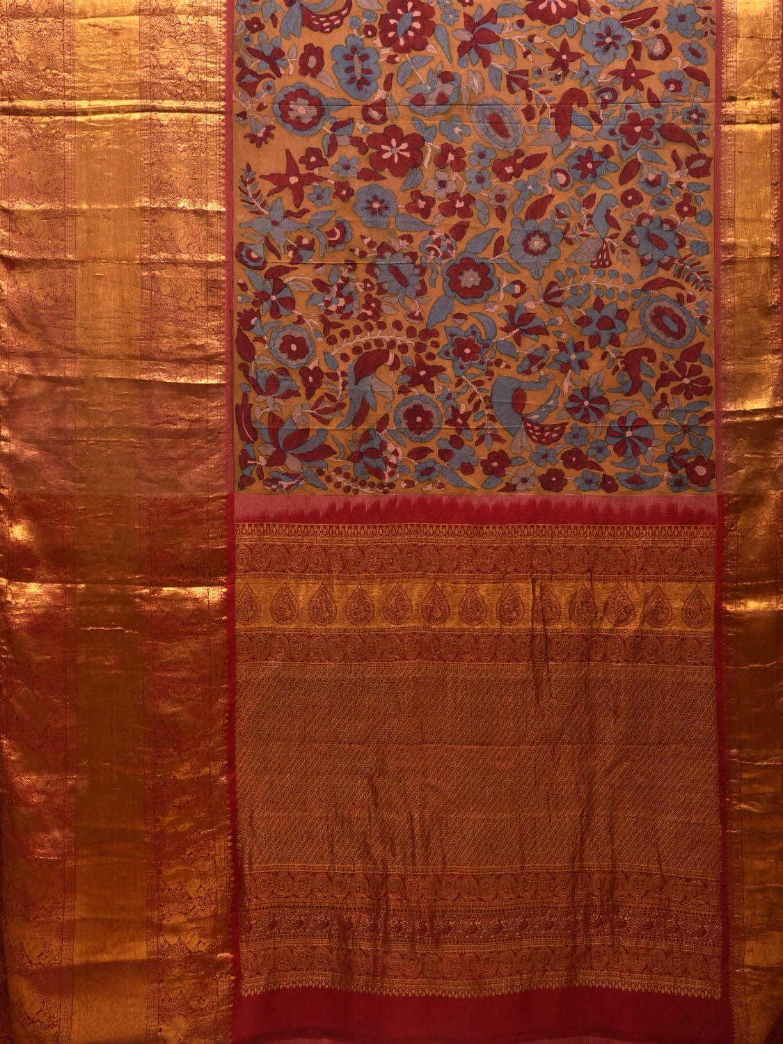 Yellow and Red Kalamkari Hand Painted Kanchipuram Silk Handloom Saree with Floral Design - Global Threads | Swadesiicart