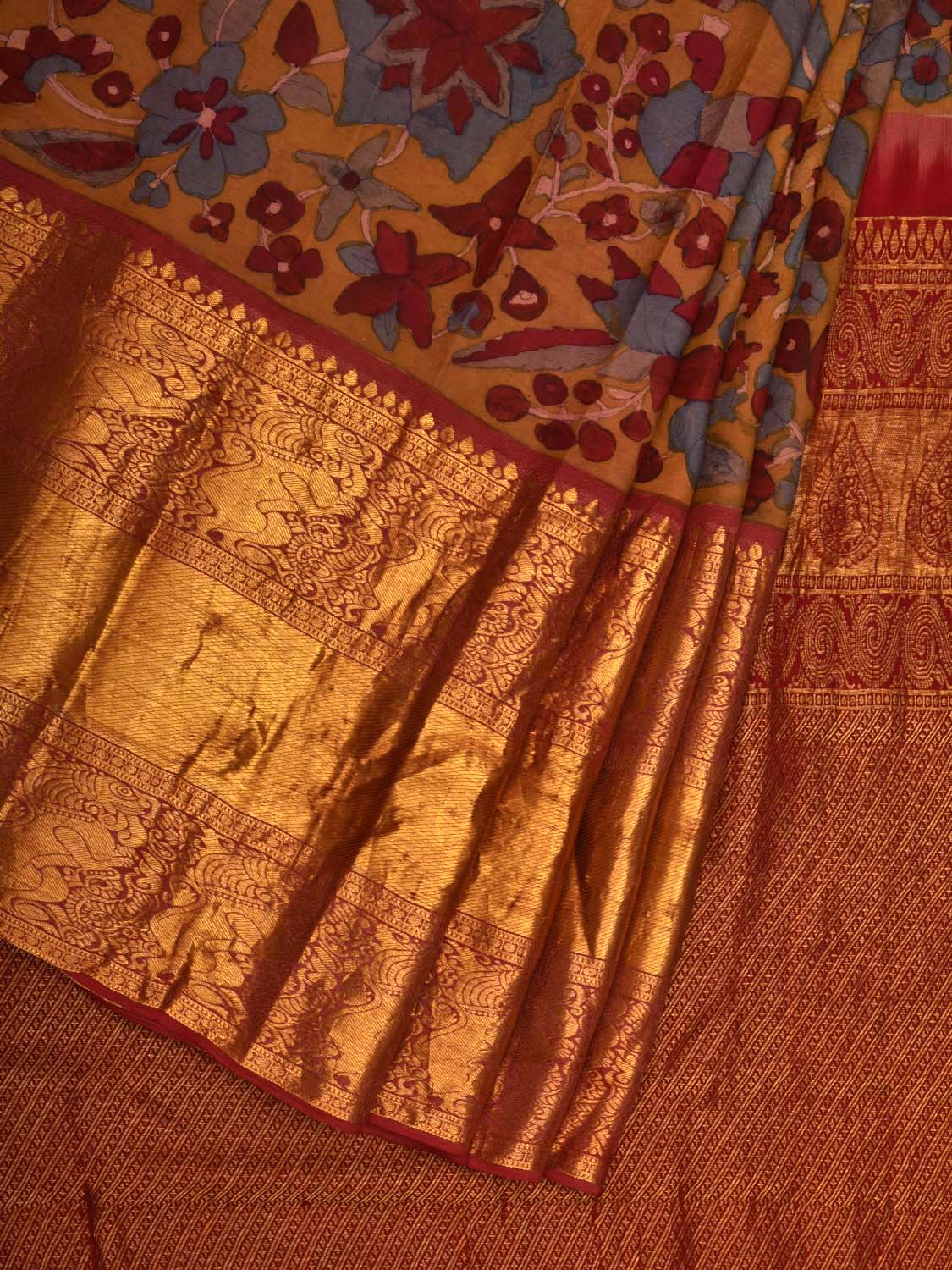 Yellow and Red Kalamkari Hand Painted Kanchipuram Silk Handloom Saree with Floral Design - Global Threads | Swadesiicart