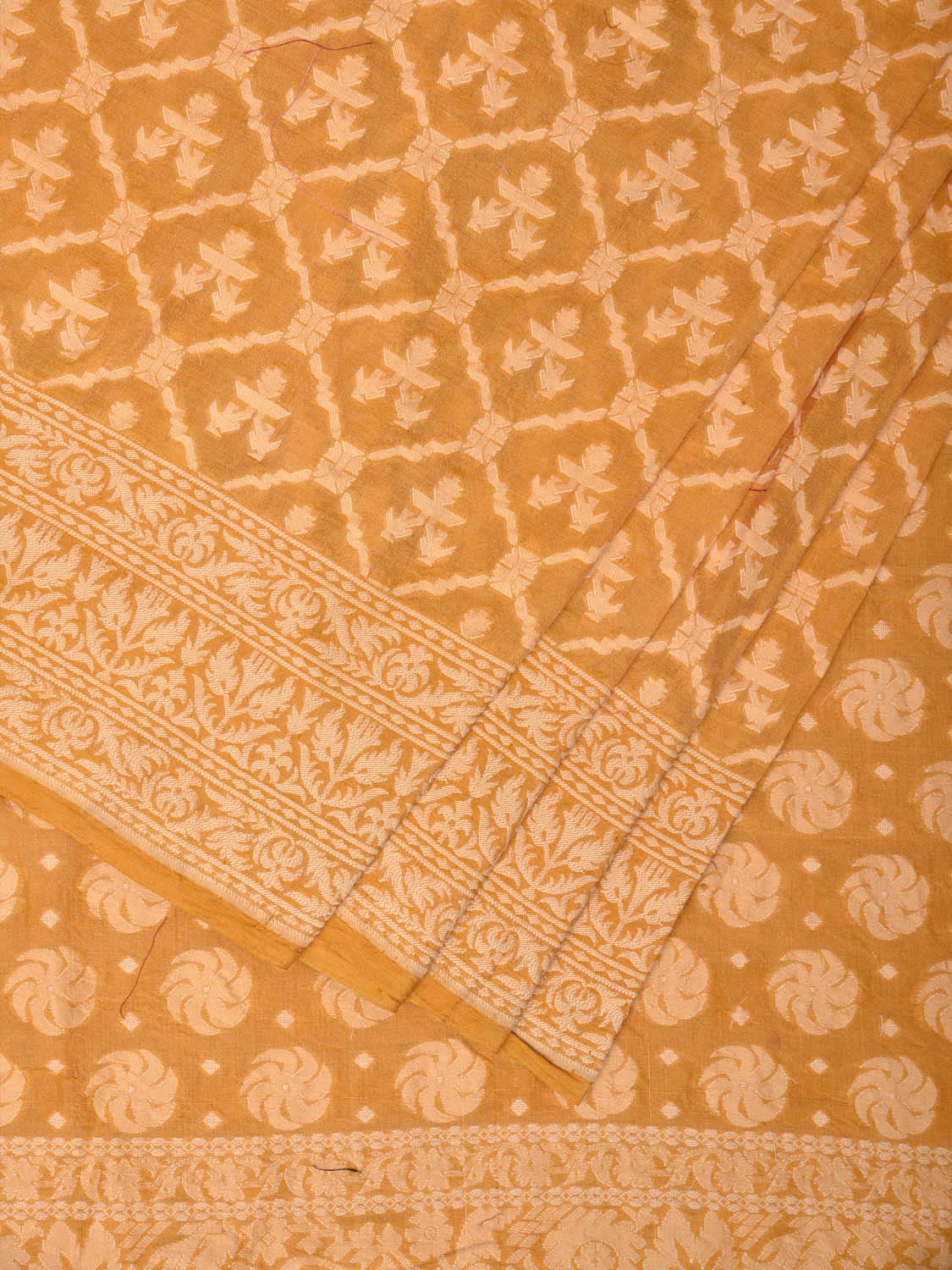 Yellow Cut Work Tussar Cotton Handloom Saree with All Over Jamdani Style Design - Global Threads | Swadesiicart