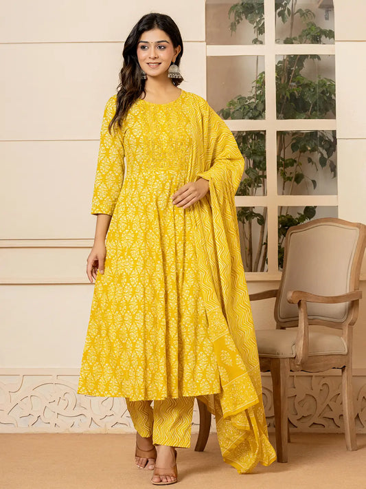 Yufta Yellow Embroidered Pure Cotton Anarkali Kurta Trouser With Dupatta Set - Swadesiicart