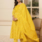 Yufta Yellow Embroidered Pure Cotton Anarkali Kurta Trouser With Dupatta Set - Swadesiicart