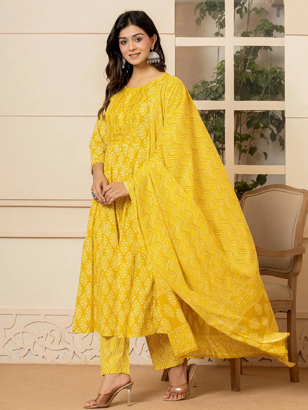 Yufta Yellow Embroidered Pure Cotton Anarkali Kurta Trouser With Dupatta Set - Swadesiicart