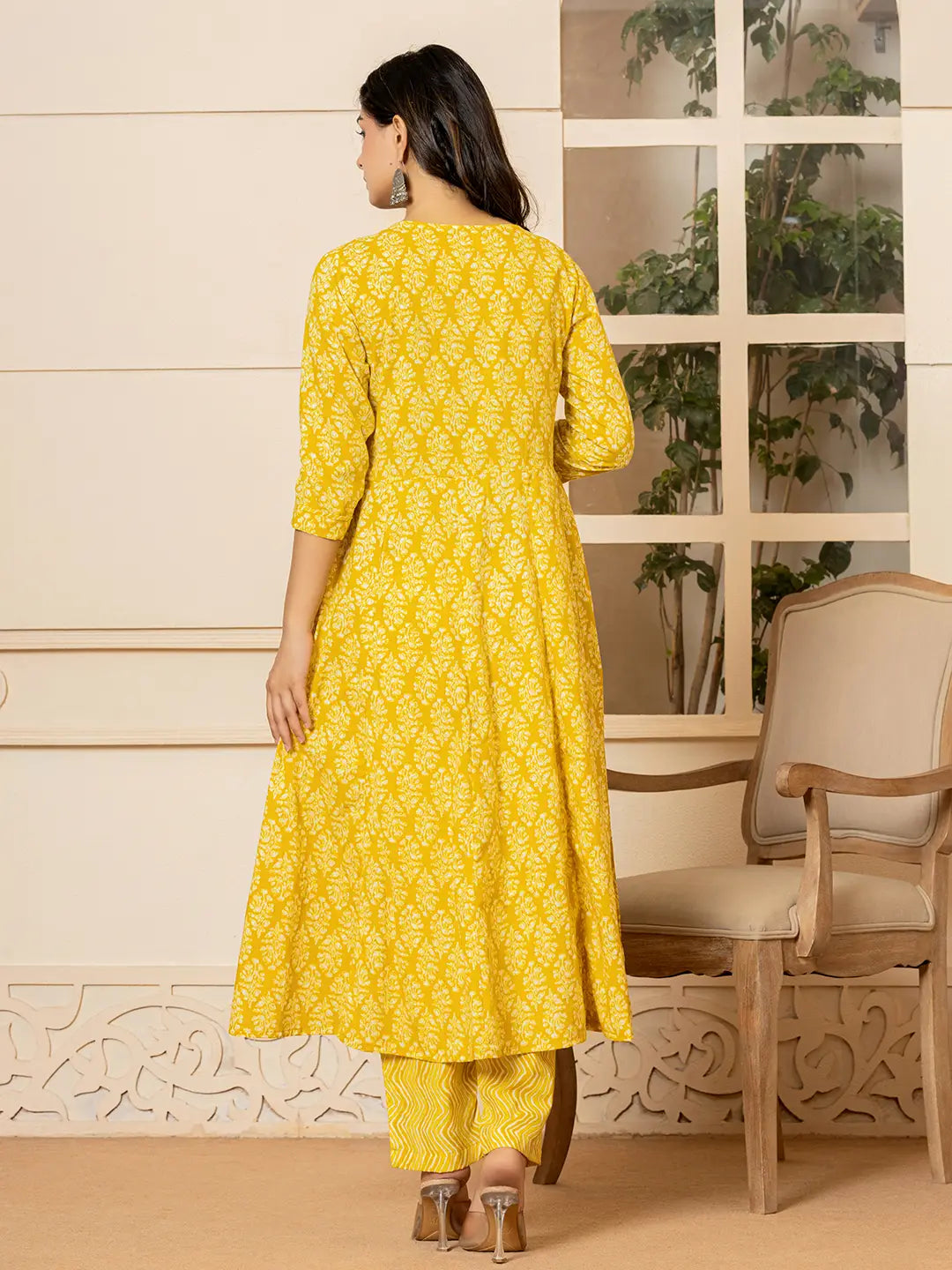Yufta Yellow Embroidered Pure Cotton Anarkali Kurta Trouser With Dupatta Set - Swadesiicart