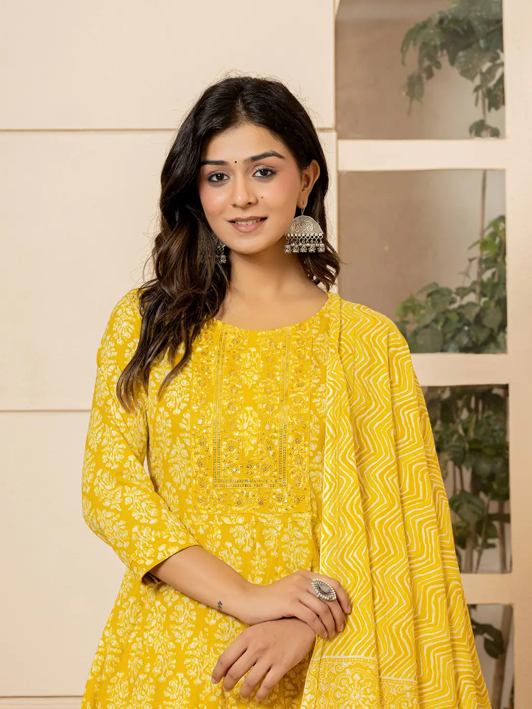 Yufta Yellow Embroidered Pure Cotton Anarkali Kurta Trouser With Dupatta Set - Swadesiicart