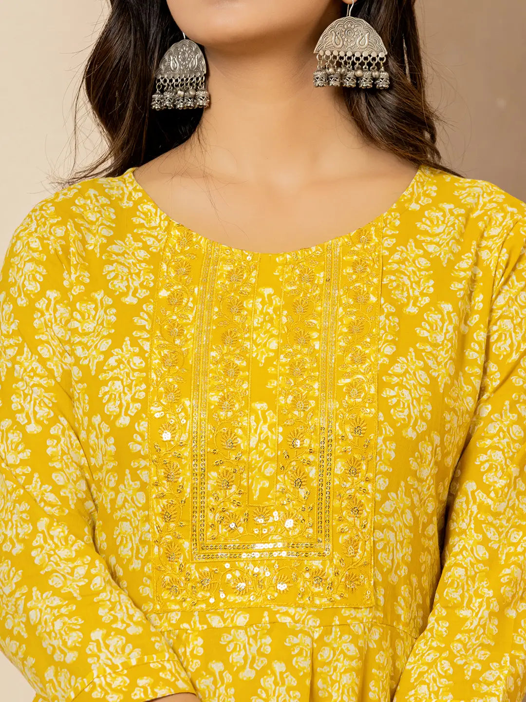 Yufta Yellow Embroidered Pure Cotton Anarkali Kurta Trouser With Dupatta Set - Swadesiicart