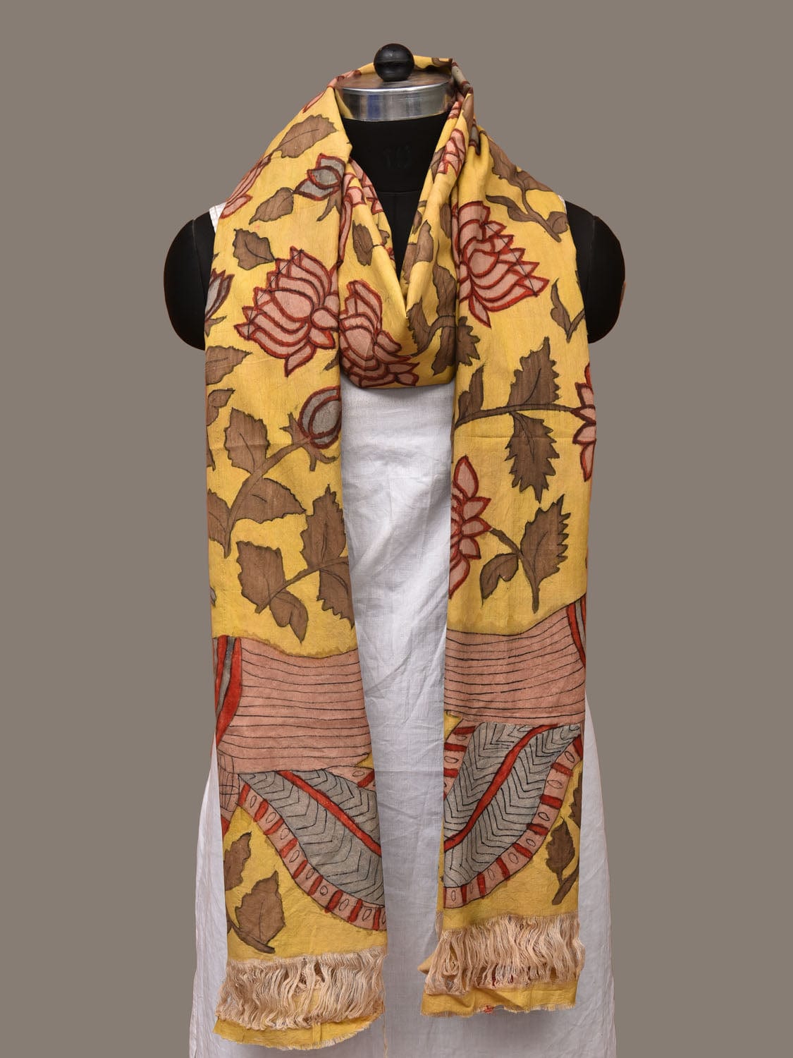 Yellow Kalamkari Hand Painted Cotton Handloom Dupatta with Lotus Flowers Design - Global Threads | Swadesiicart