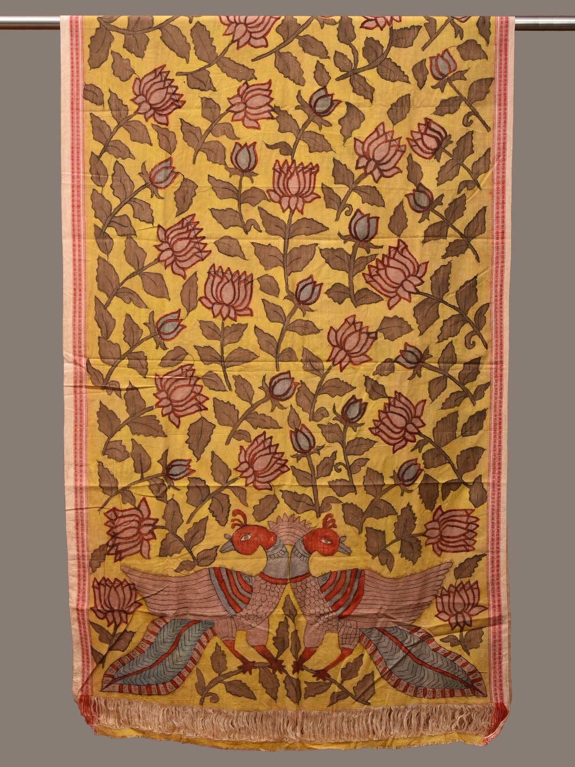 Yellow Kalamkari Hand Painted Cotton Handloom Dupatta with Lotus Flowers Design - Global Threads | Swadesiicart