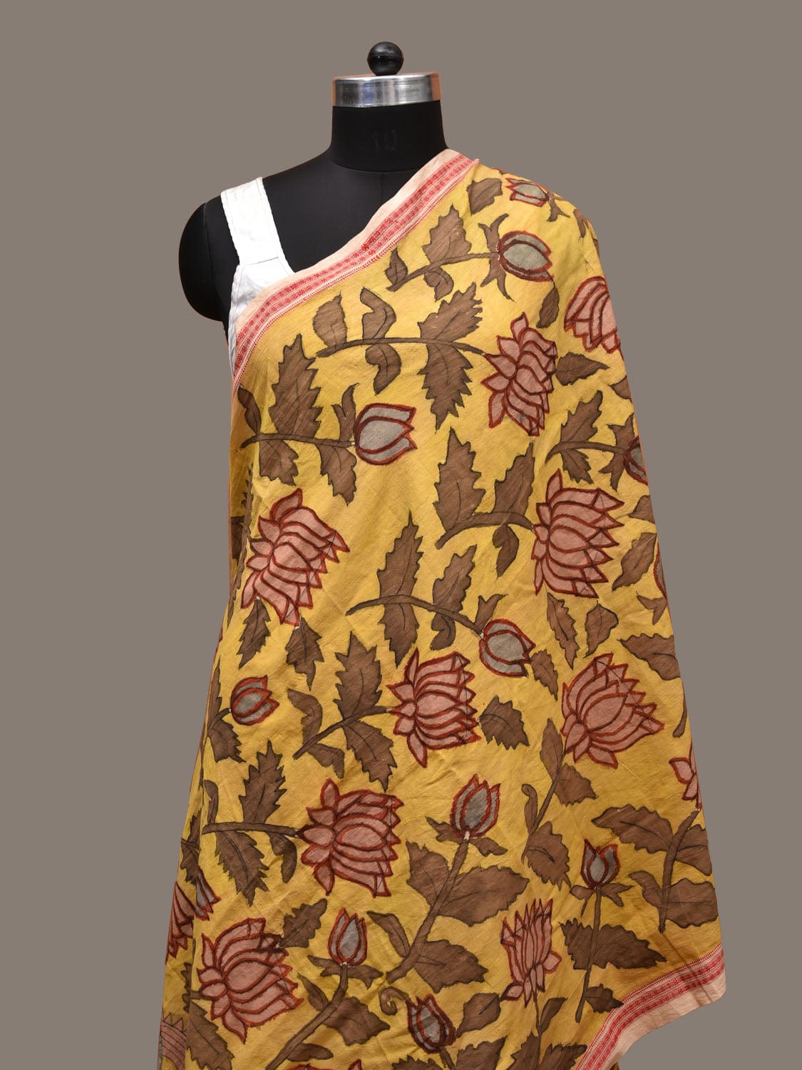 Yellow Kalamkari Hand Painted Cotton Handloom Dupatta with Lotus Flowers Design - Global Threads | Swadesiicart