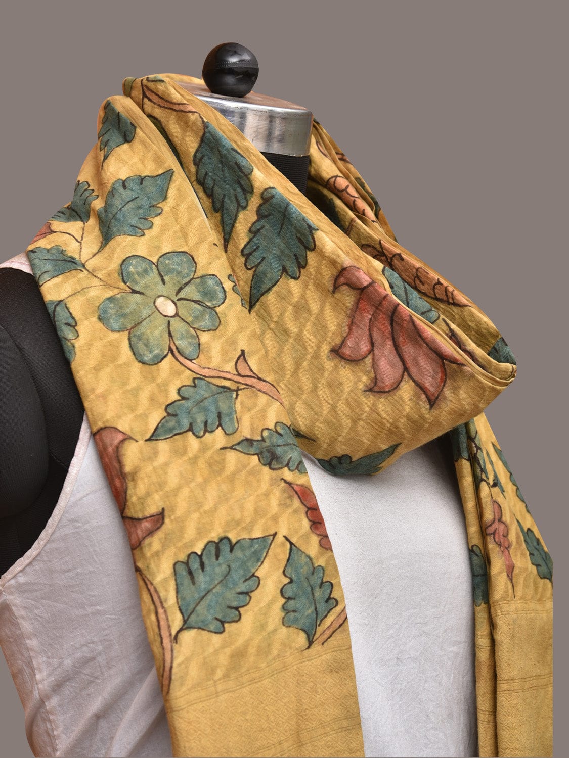 Yellow Kalamkari Hand Painted Cotton Silk Handloom Dupatta with Lotus and Birds Design - Global Threads | Swadesiicart