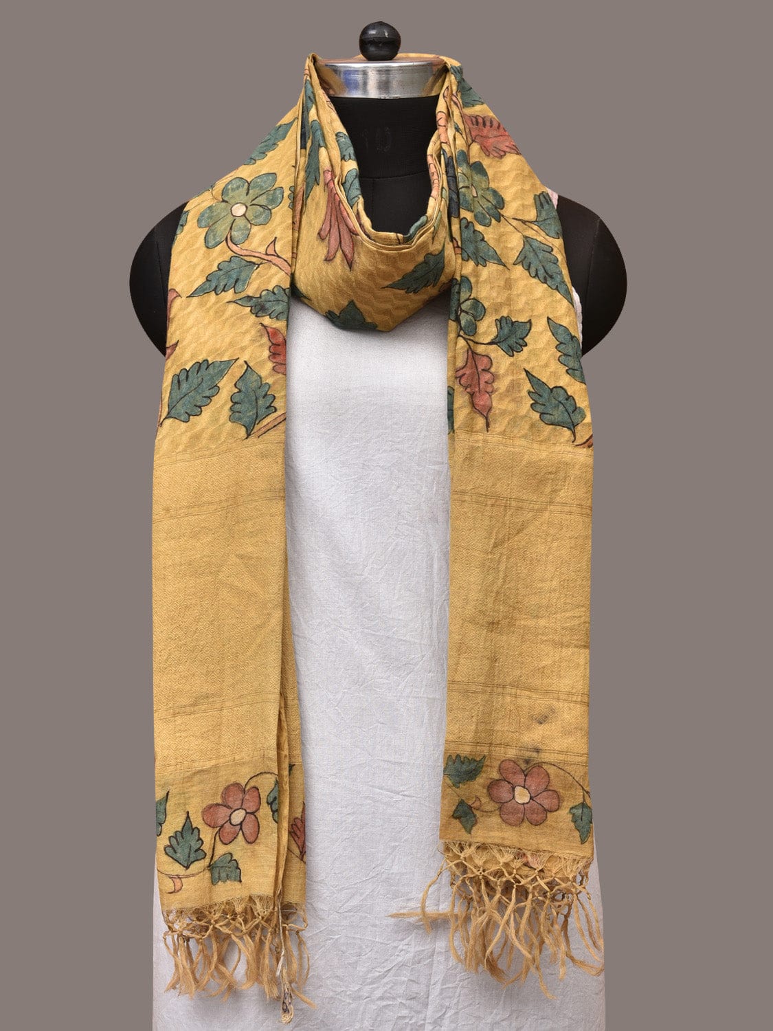 Yellow Kalamkari Hand Painted Cotton Silk Handloom Dupatta with Lotus and Birds Design - Global Threads | Swadesiicart