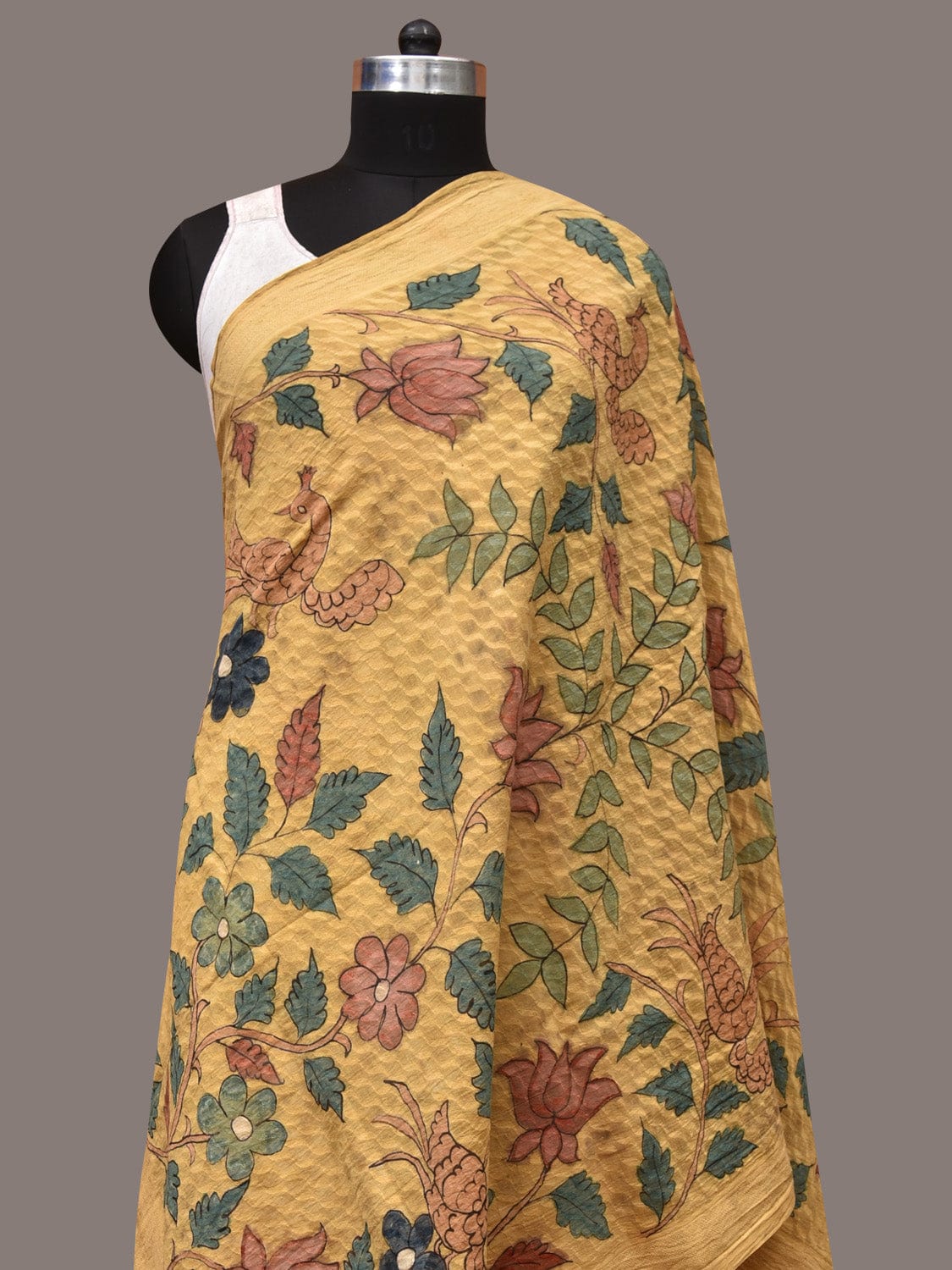 Yellow Kalamkari Hand Painted Cotton Silk Handloom Dupatta with Lotus and Birds Design - Global Threads | Swadesiicart