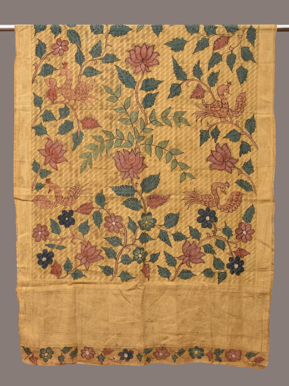 Yellow Kalamkari Hand Painted Cotton Silk Handloom Dupatta with Lotus and Birds Design - Global Threads | Swadesiicart