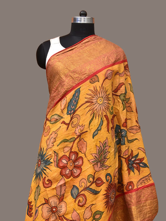 Yellow Kalamkari Hand Painted Kanchipuram Silk Handloom Dupatta with Floral Design - Global Threads | Swadesiicart