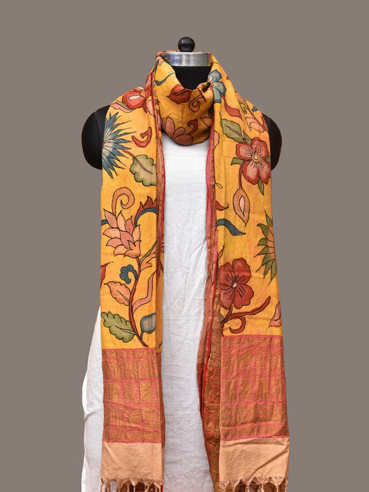 Yellow Kalamkari Hand Painted Kanchipuram Silk Handloom Dupatta with Floral Design - Global Threads | Swadesiicart