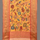 Yellow Kalamkari Hand Painted Kanchipuram Silk Handloom Dupatta with Floral Design - Global Threads | Swadesiicart
