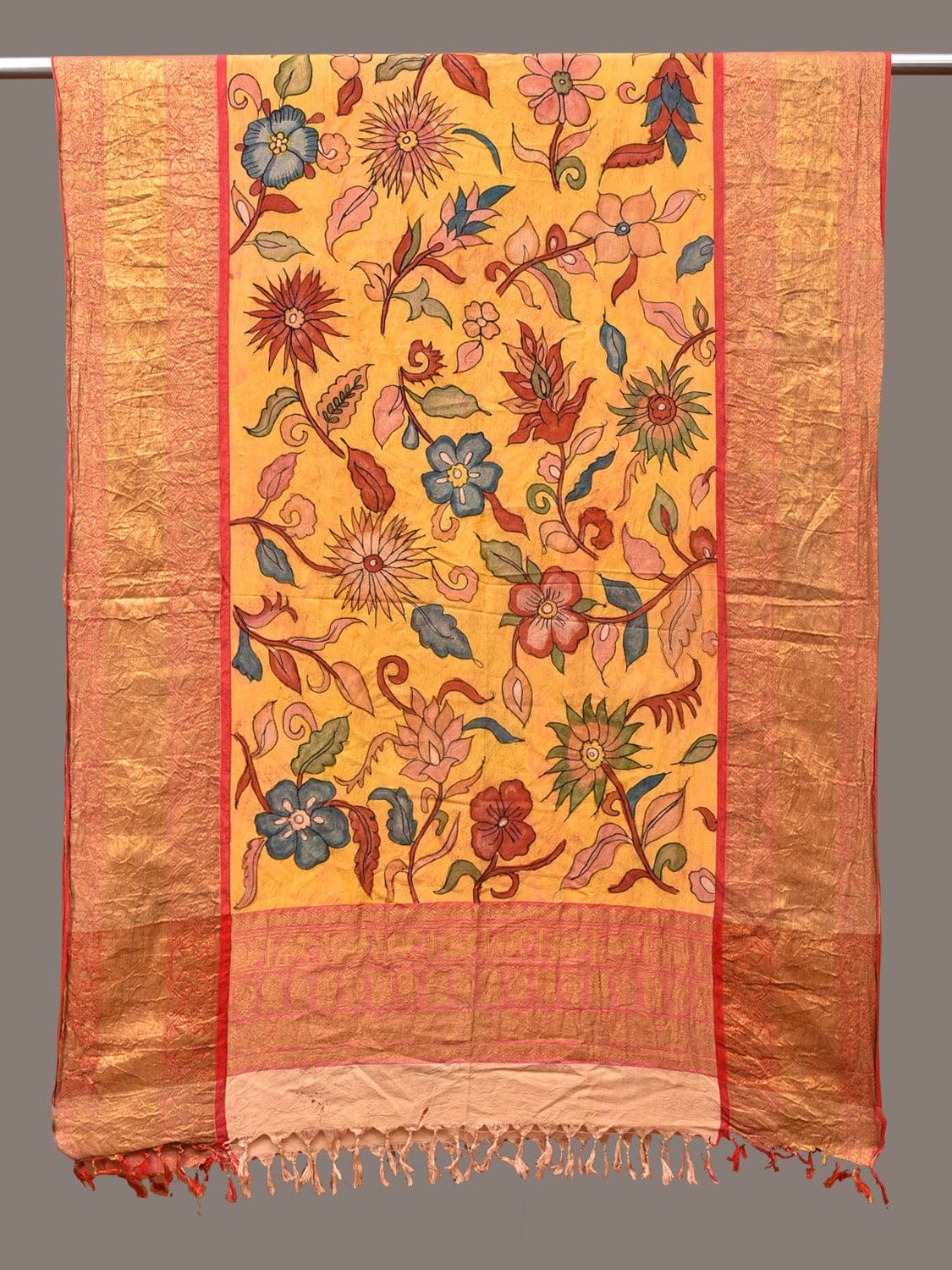 Yellow Kalamkari Hand Painted Kanchipuram Silk Handloom Dupatta with Floral Design - Global Threads | Swadesiicart