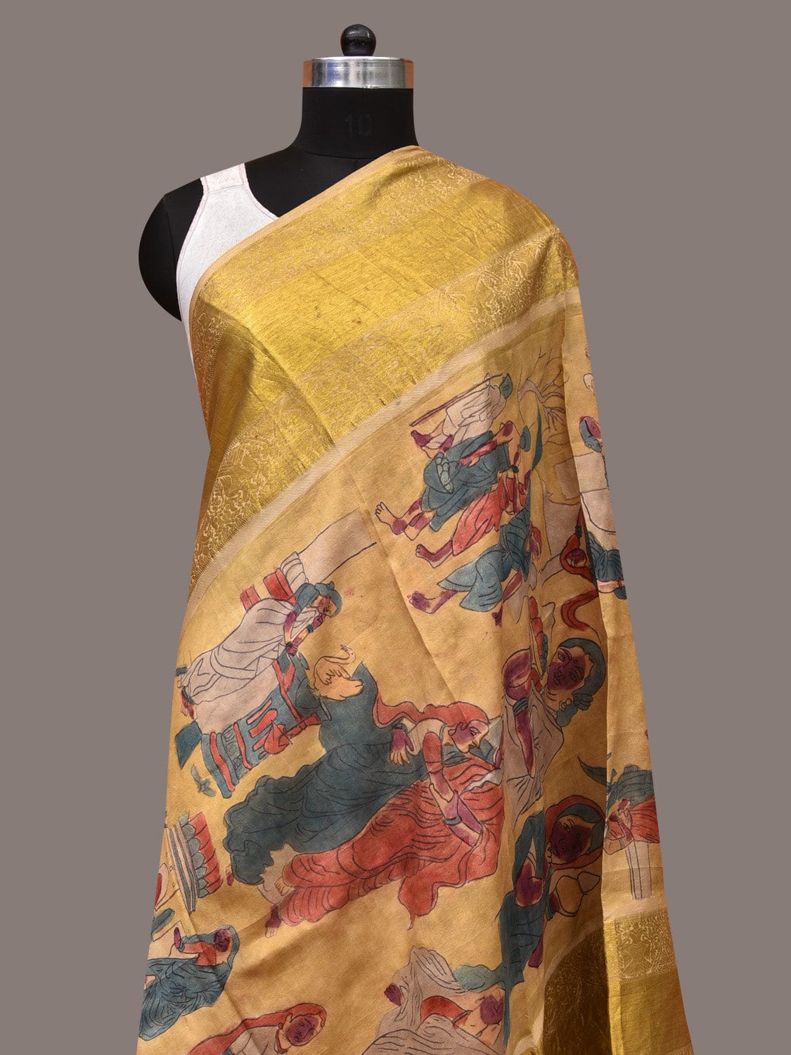 Yellow Kalamkari Hand Painted Kanchipuram Silk Handloom Dupatta with Painting Design - Global Threads | Swadesiicart