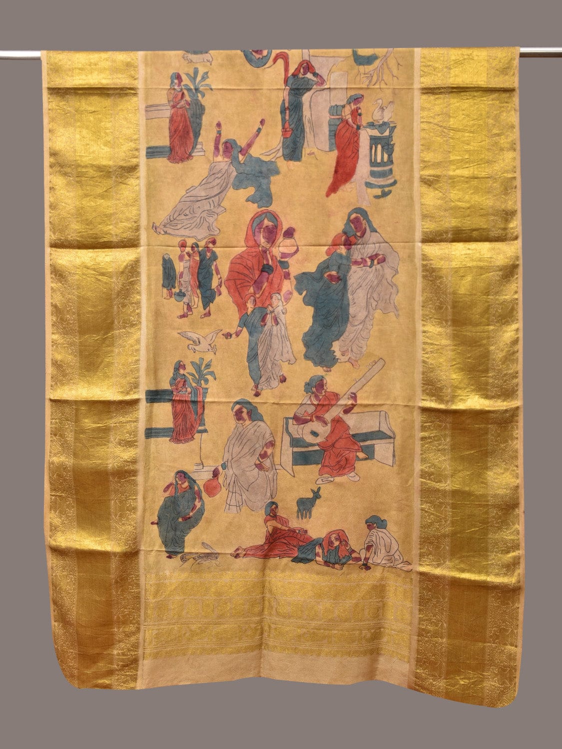 Yellow Kalamkari Hand Painted Kanchipuram Silk Handloom Dupatta with Painting Design - Global Threads | Swadesiicart