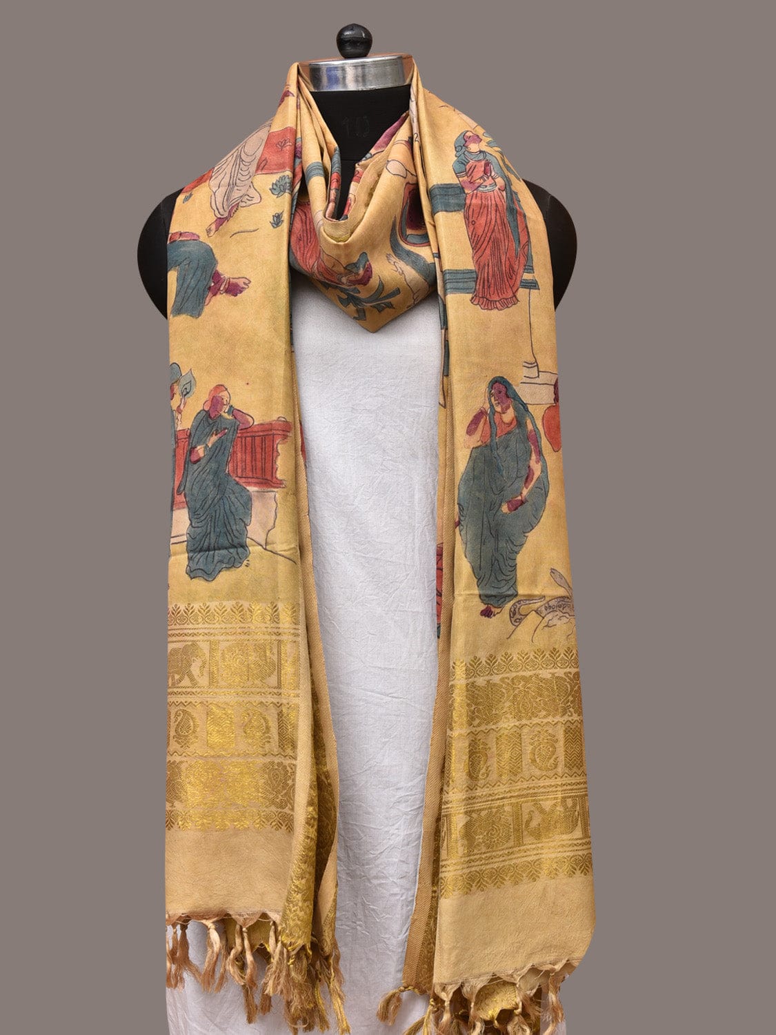 Yellow Kalamkari Hand Painted Kanchipuram Silk Handloom Dupatta with Painting Design - Global Threads | Swadesiicart