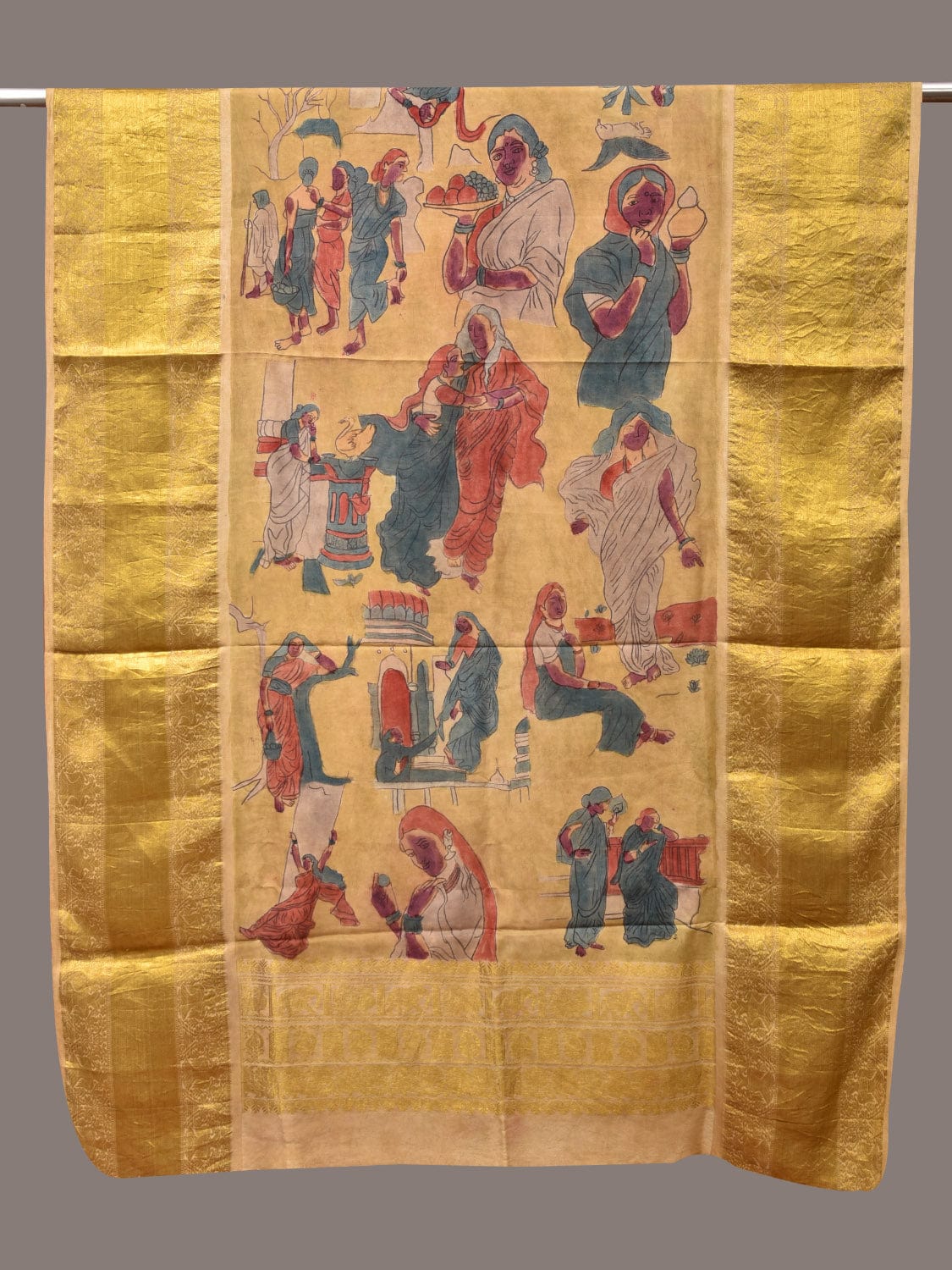 Yellow Kalamkari Hand Painted Kanchipuram Silk Handloom Dupatta with Painting Design - Global Threads | Swadesiicart