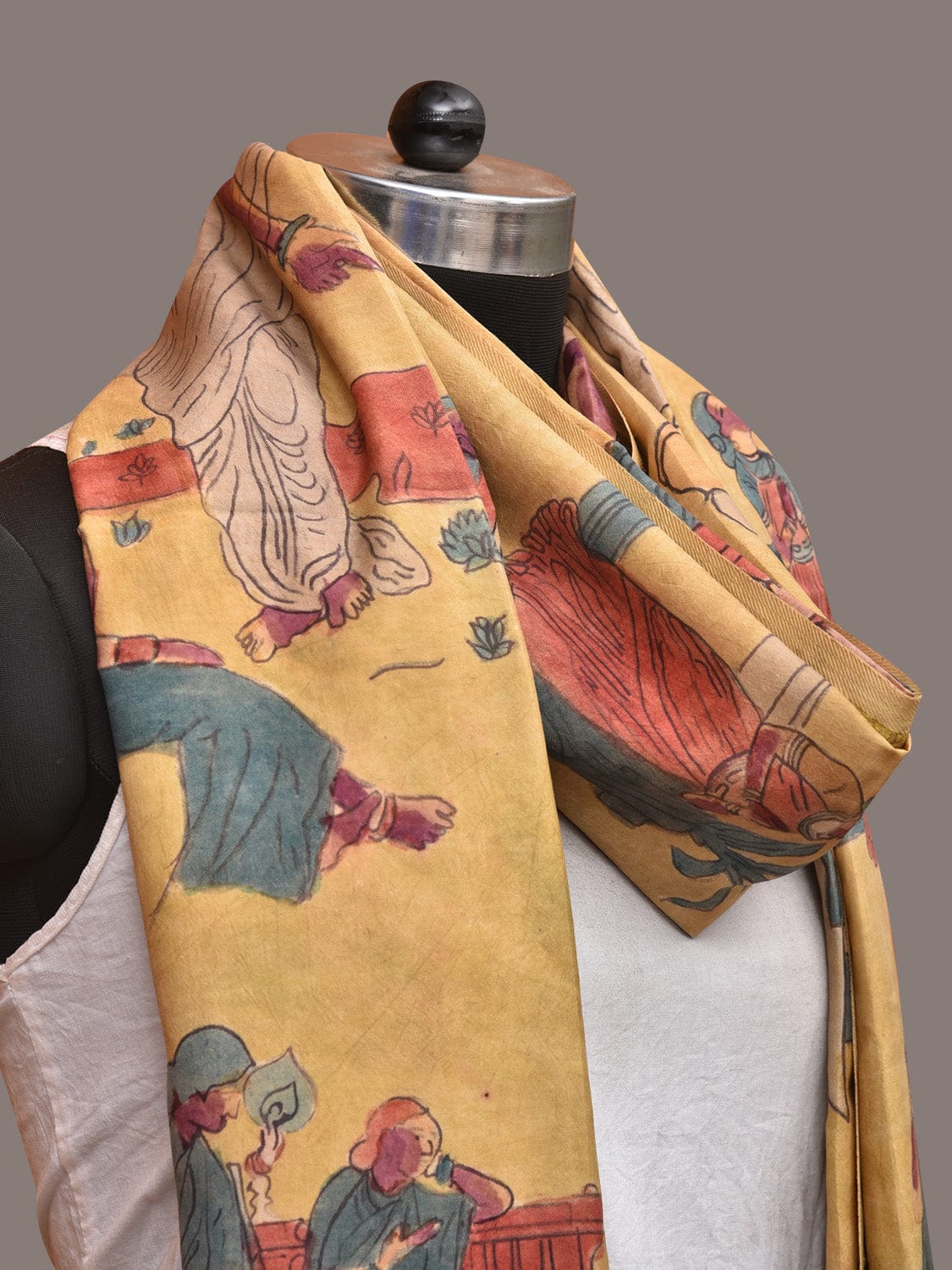 Yellow Kalamkari Hand Painted Kanchipuram Silk Handloom Dupatta with Painting Design - Global Threads | Swadesiicart