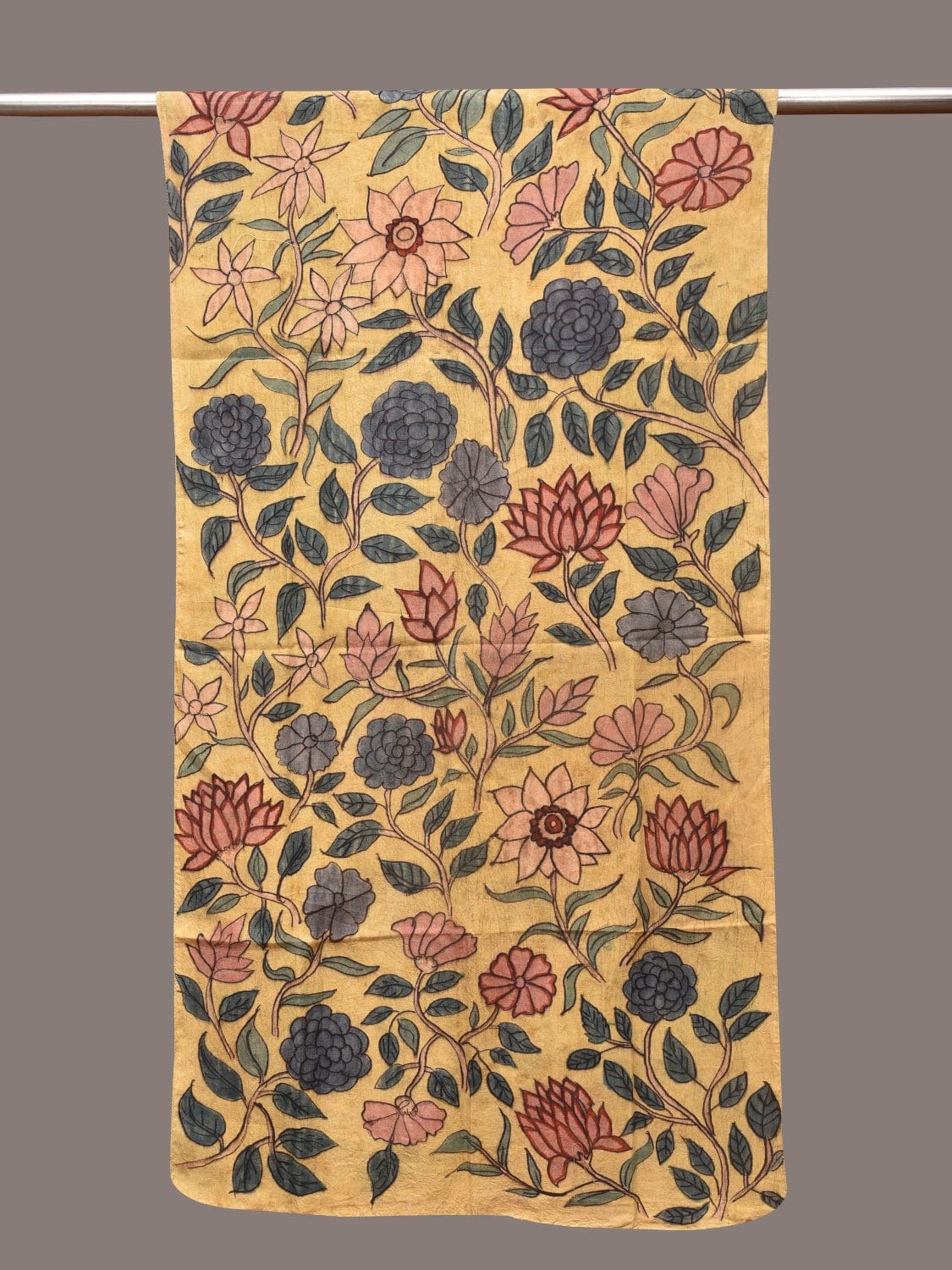 Yellow Kalamkari Hand Painted Sico Stole with Floral Design - Global Threads | Swadesiicart