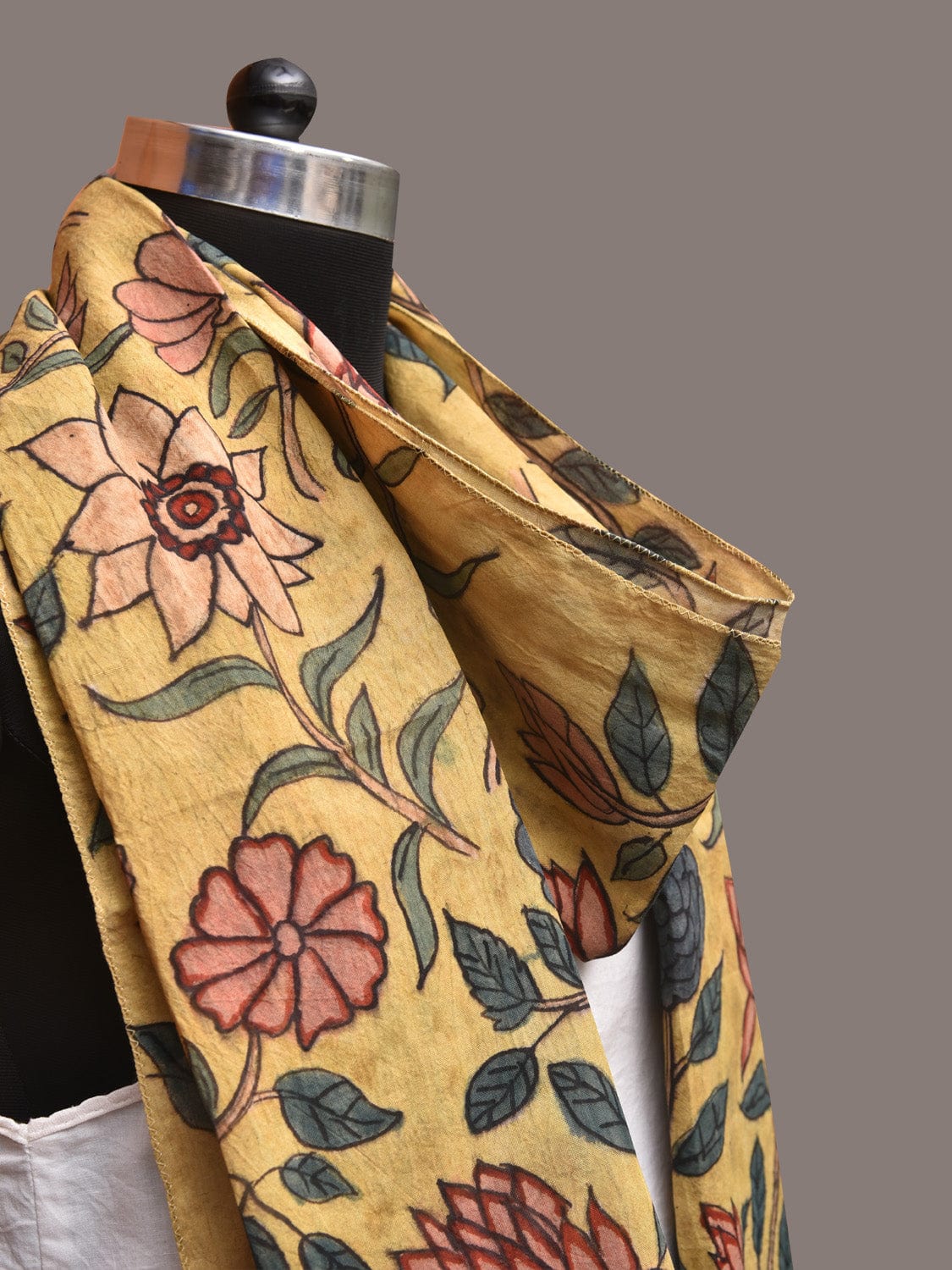 Yellow Kalamkari Hand Painted Sico Stole with Floral Design - Global Threads | Swadesiicart