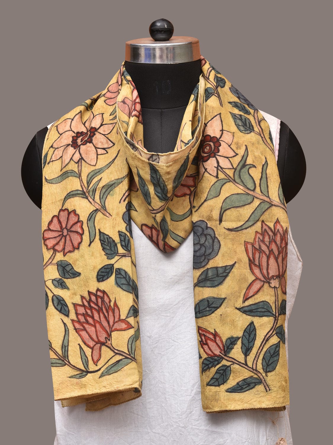 Yellow Kalamkari Hand Painted Sico Stole with Floral Design - Global Threads | Swadesiicart