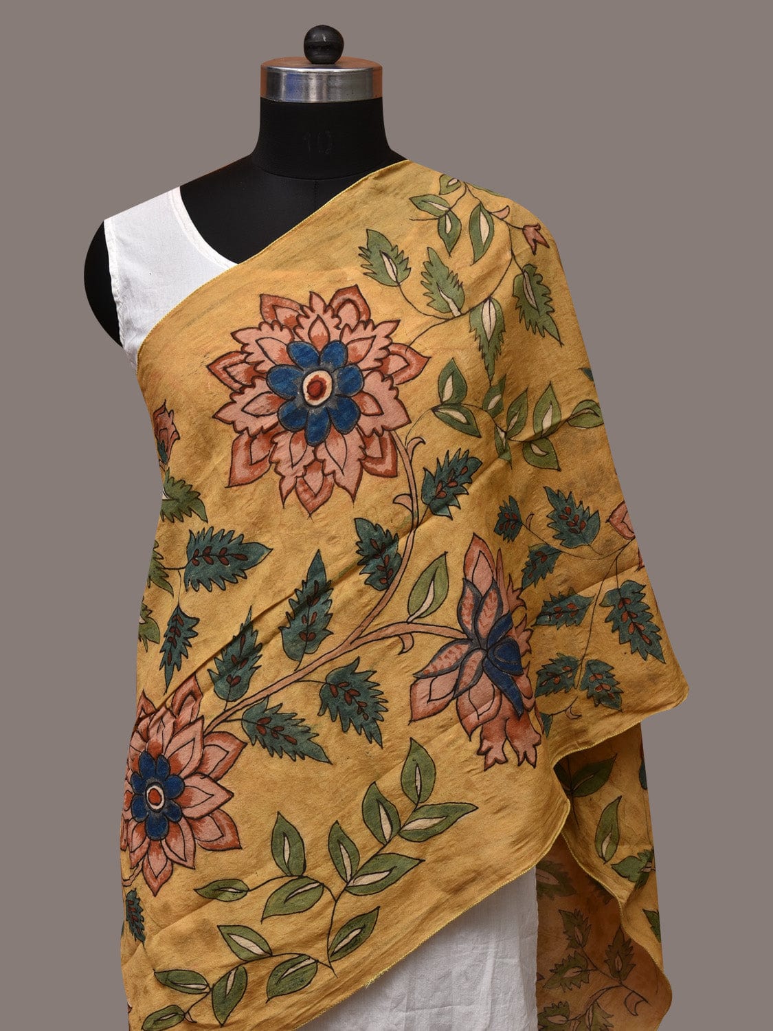 Yellow Kalamkari Hand Painted Sico Stole with Floral Design - Global Threads | Swadesiicart