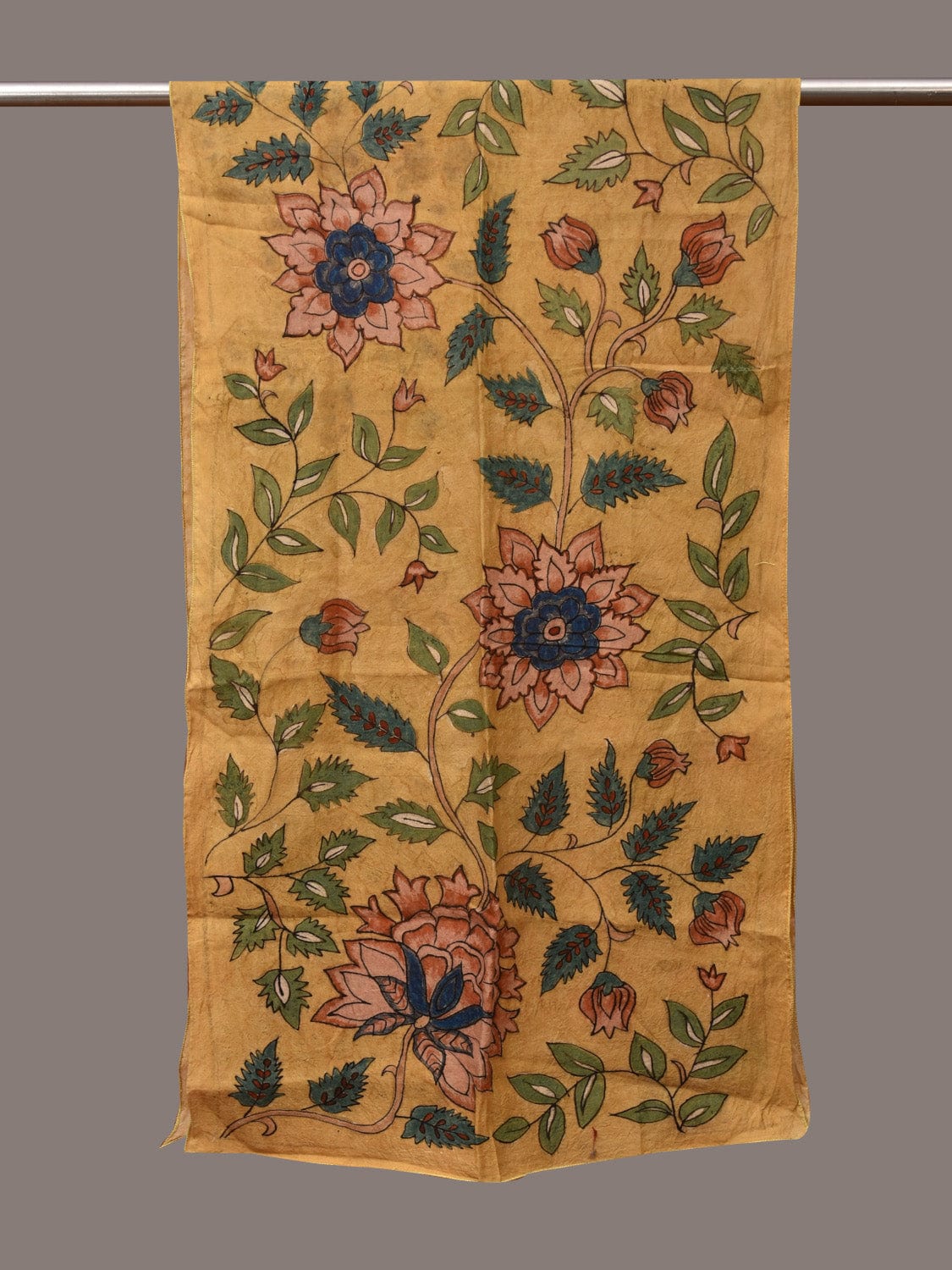 Yellow Kalamkari Hand Painted Sico Stole with Floral Design - Global Threads | Swadesiicart