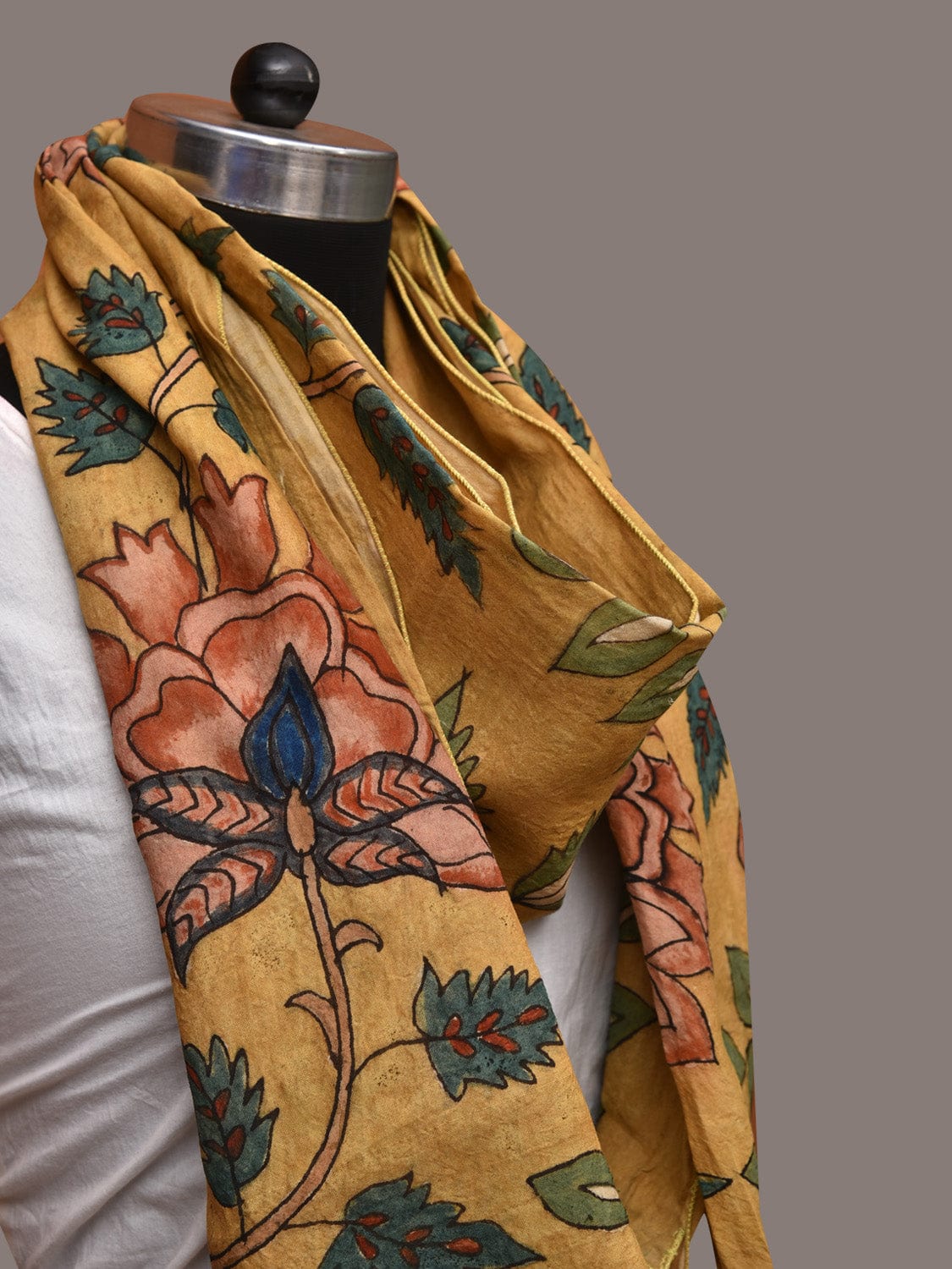 Yellow Kalamkari Hand Painted Sico Stole with Floral Design - Global Threads | Swadesiicart