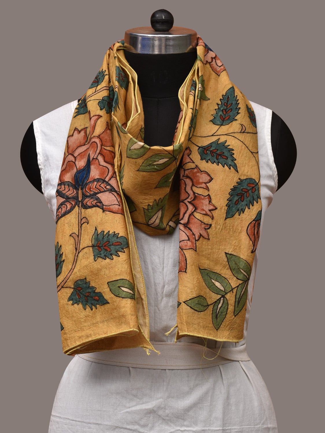 Yellow Kalamkari Hand Painted Sico Stole with Floral Design - Global Threads | Swadesiicart