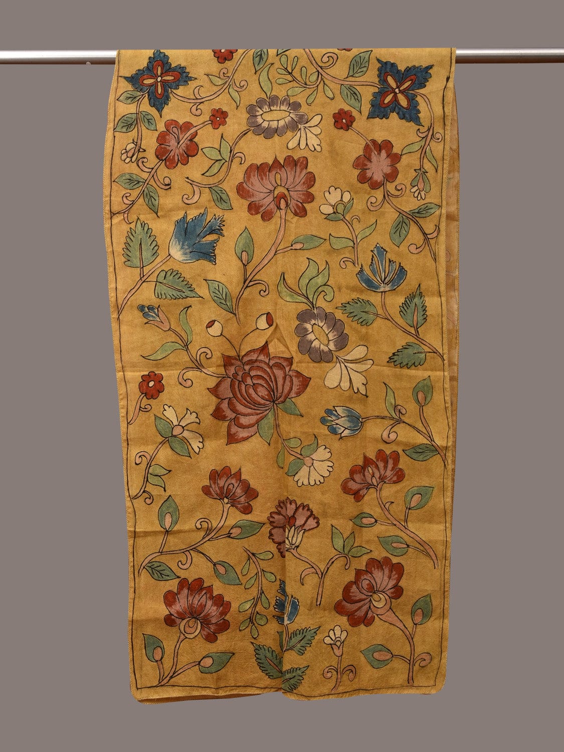 Yellow Kalamkari Hand Painted Sico Stole with Floral Design - Global Threads | Swadesiicart