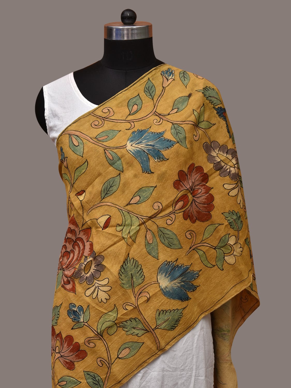 Yellow Kalamkari Hand Painted Sico Stole with Floral Design - Global Threads | Swadesiicart