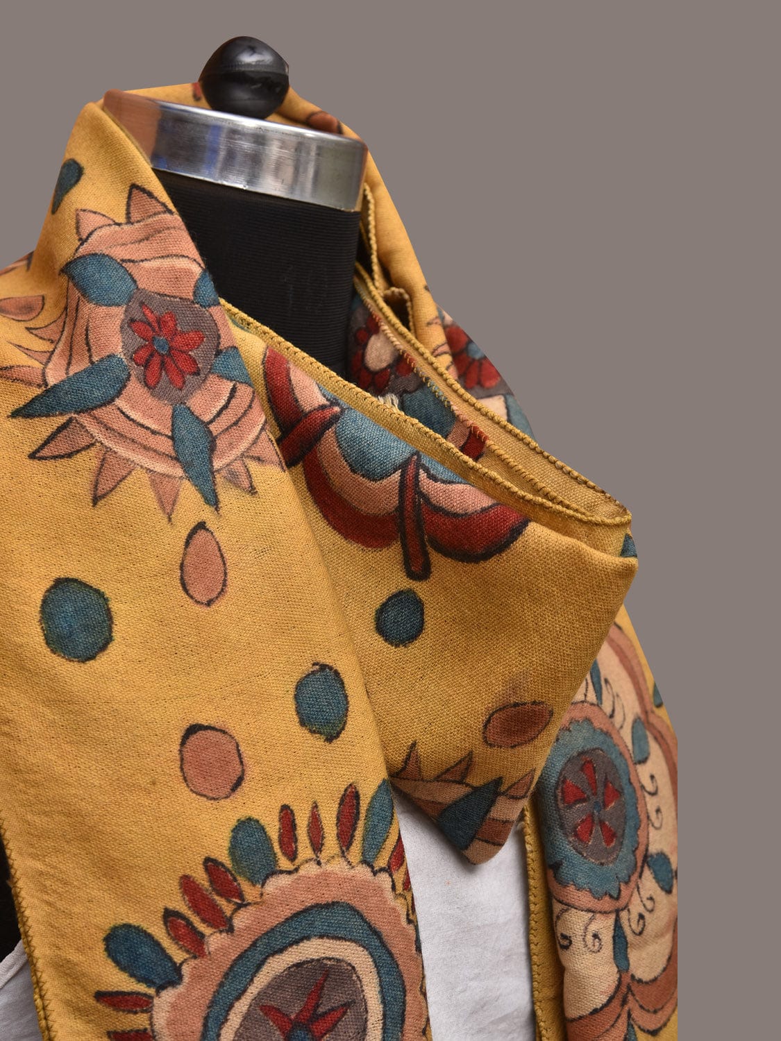 Yellow Kalamkari Hand Painted Woolen Handloom Stole with Floral Design - Global Threads | Swadesiicart