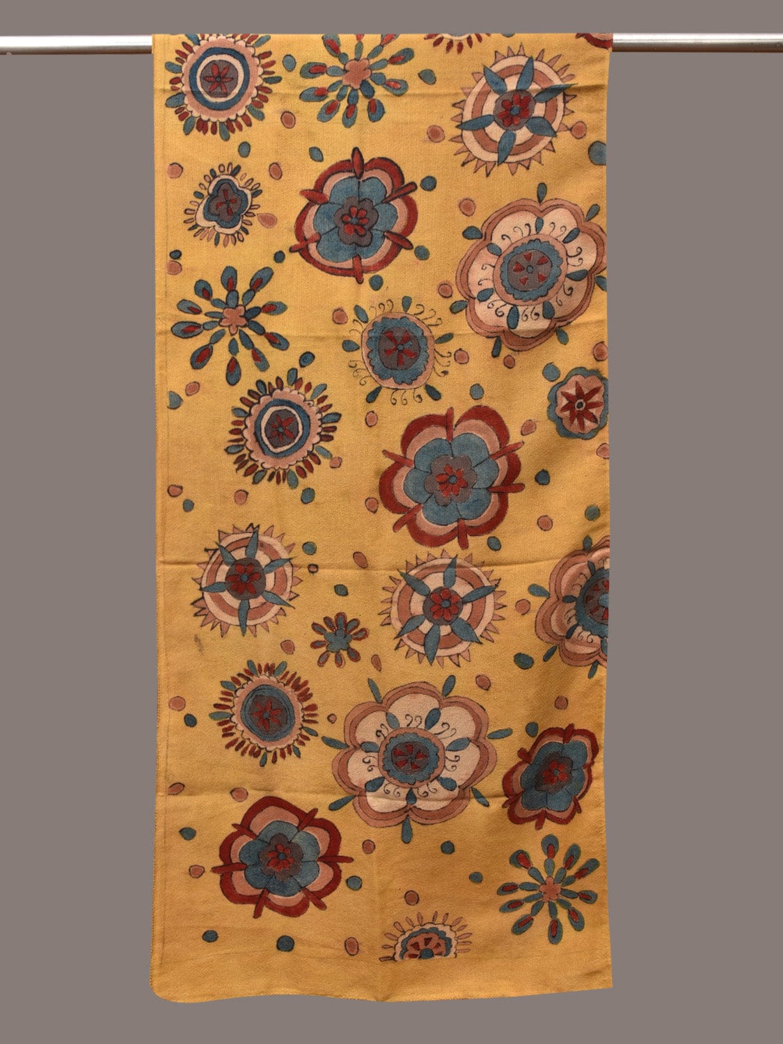 Yellow Kalamkari Hand Painted Woolen Handloom Stole with Floral Design - Global Threads | Swadesiicart