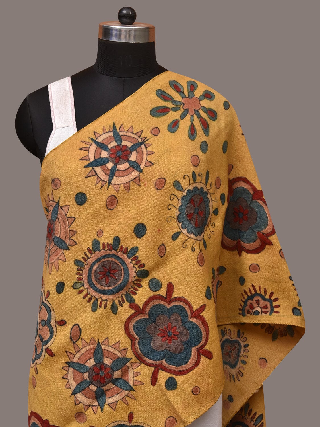 Yellow Kalamkari Hand Painted Woolen Handloom Stole with Floral Design - Global Threads | Swadesiicart