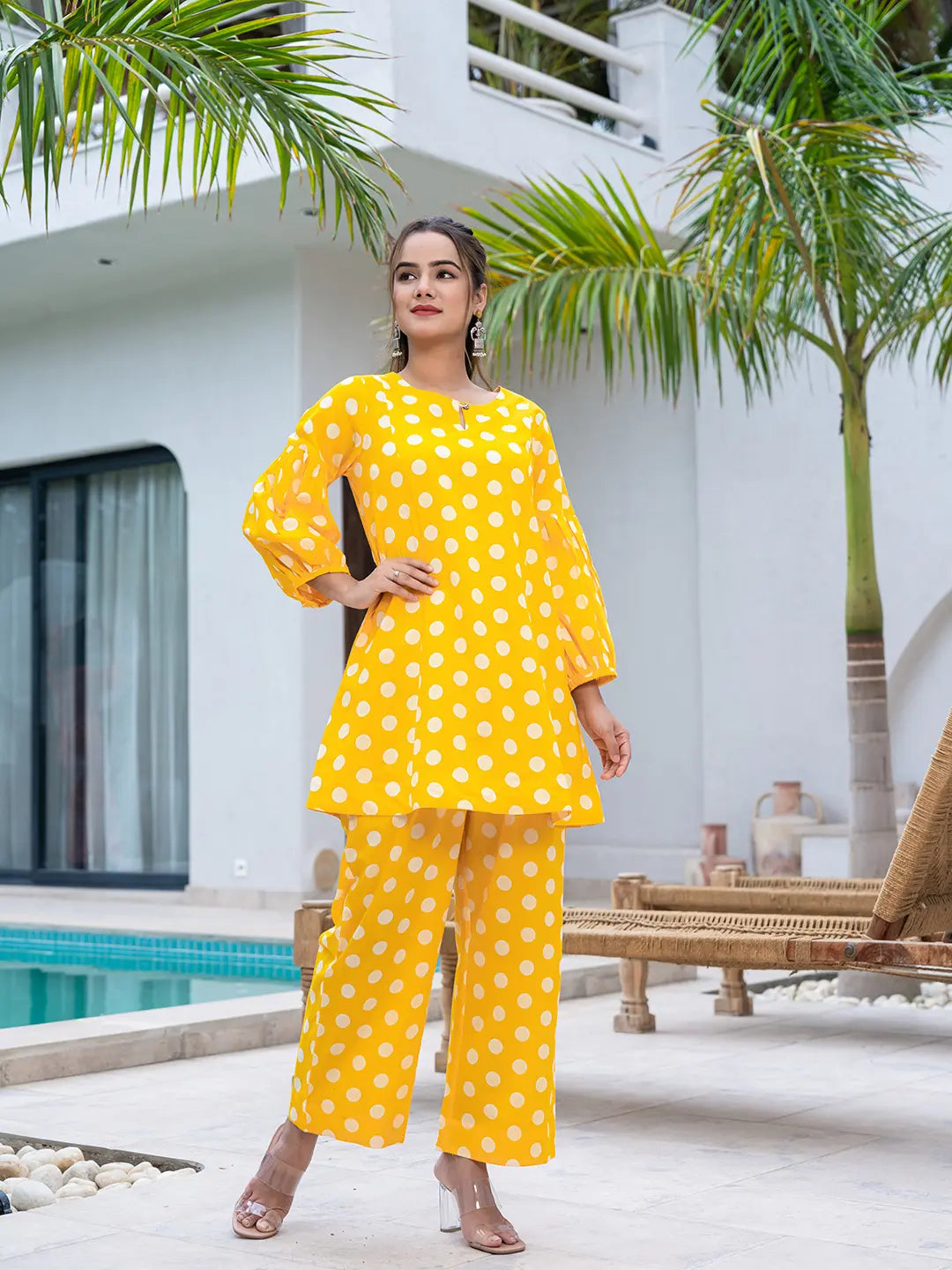 Yufta Yellow Polka Dot Print Top And Trouser Co Ord Set - Swadesiicart