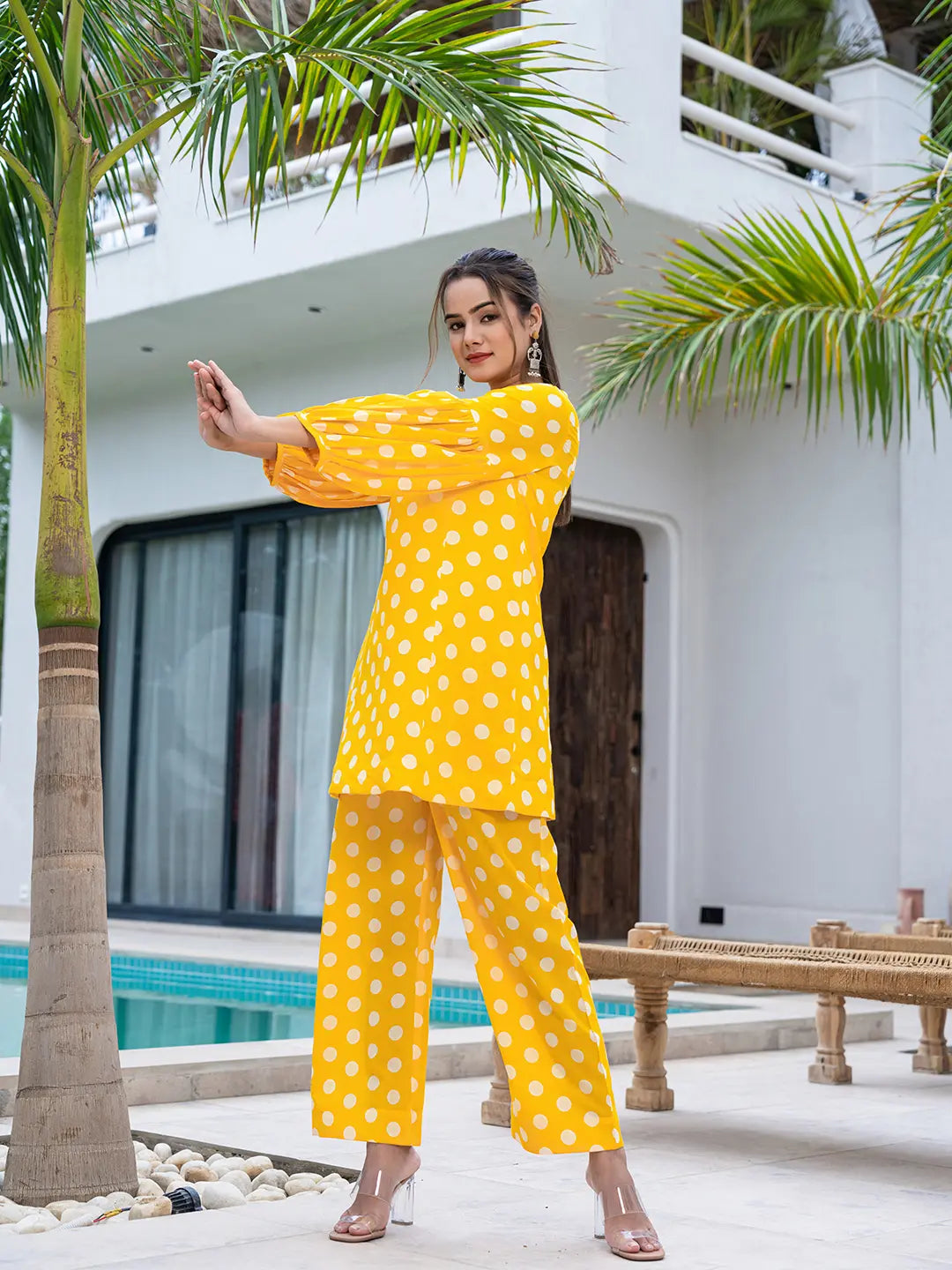 Yufta Yellow Polka Dot Print Top And Trouser Co Ord Set - Swadesiicart