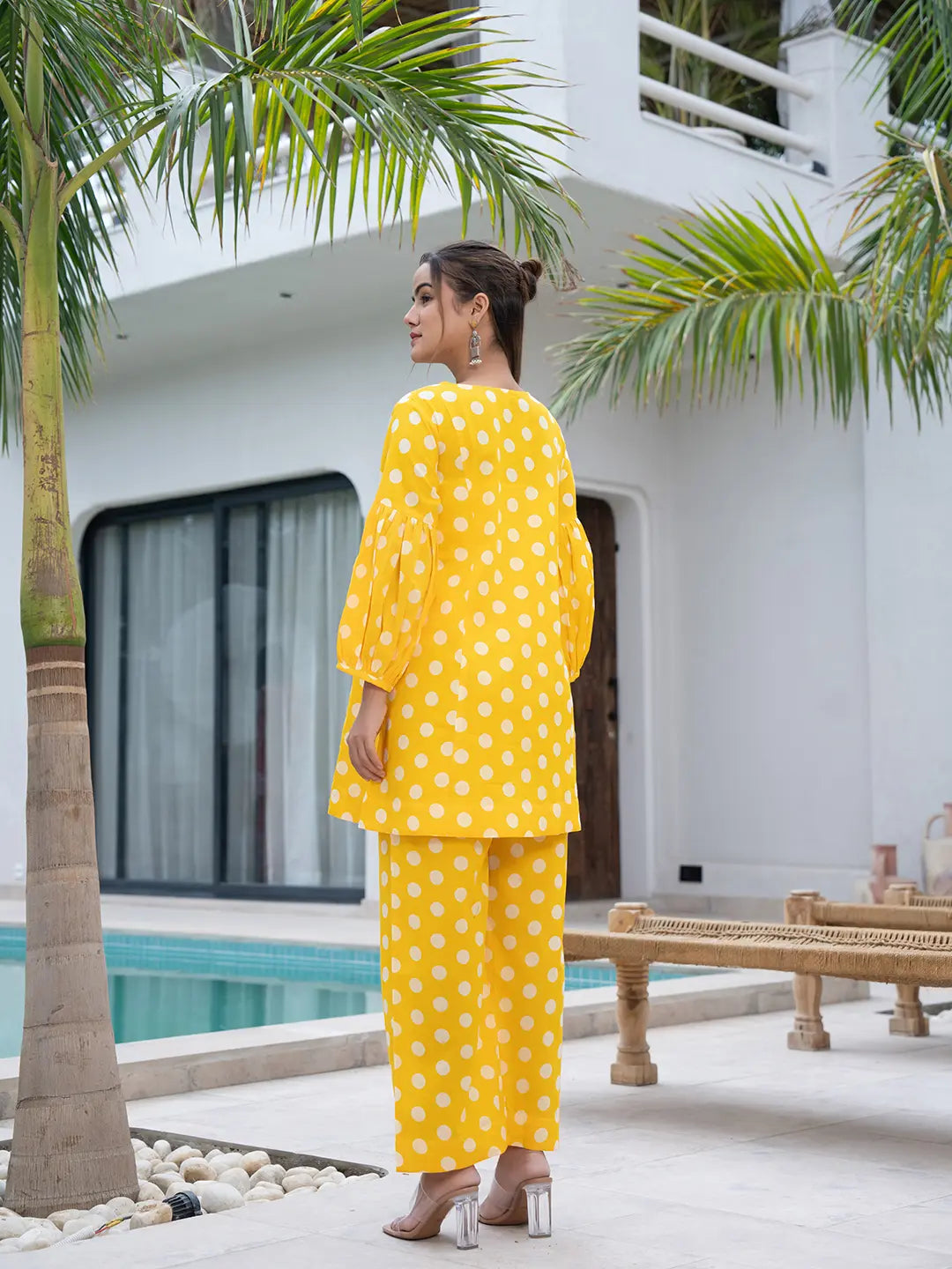Yufta Yellow Polka Dot Print Top And Trouser Co Ord Set - Swadesiicart