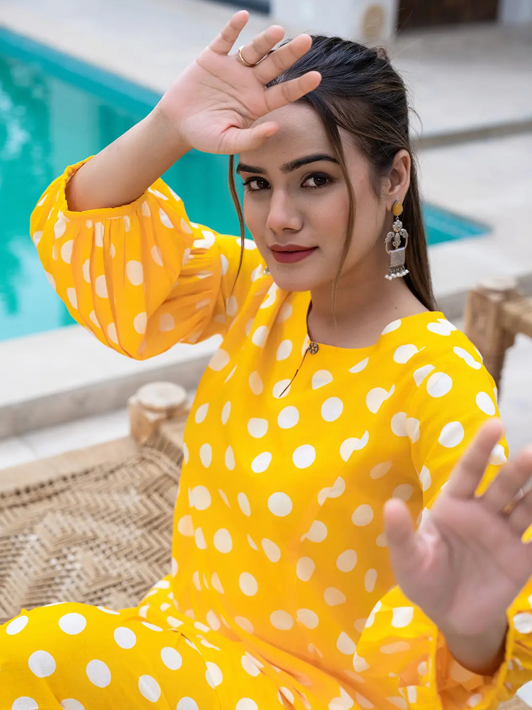 Yufta Yellow Polka Dot Print Top And Trouser Co Ord Set - Swadesiicart