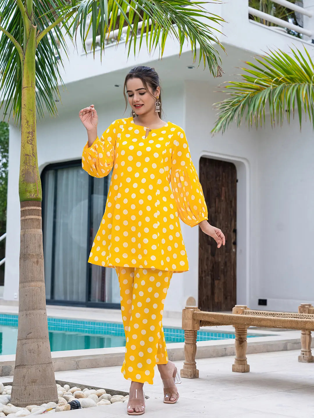 Yufta Yellow Polka Dot Print Top And Trouser Co Ord Set - Swadesiicart