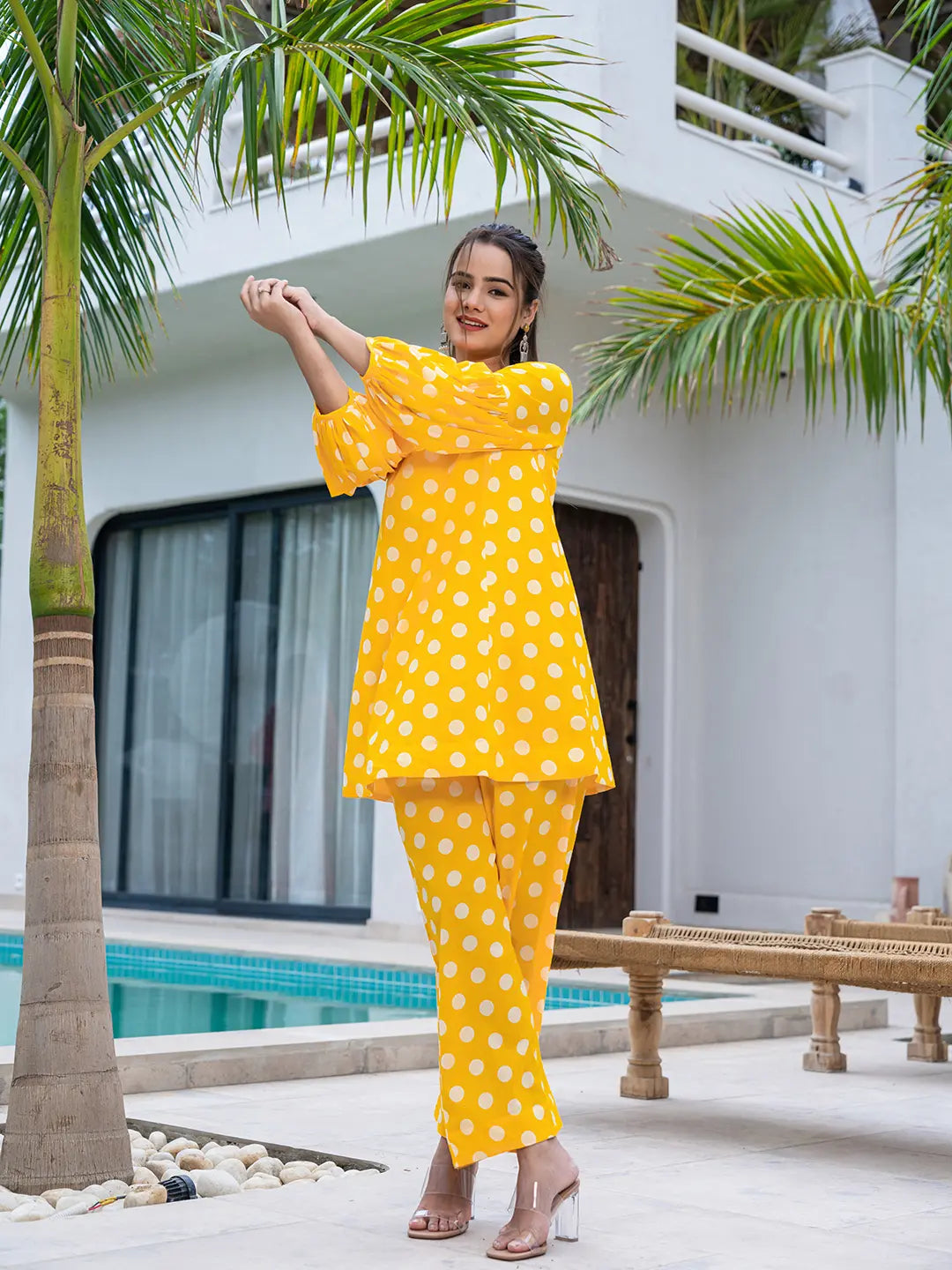 Yufta Yellow Polka Dot Print Top And Trouser Co Ord Set - Swadesiicart