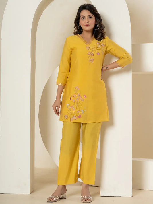 Yufta Yellow Thread_Work Shirt And Trouser Silk Blend Co-Ord Set - Swadesiicart