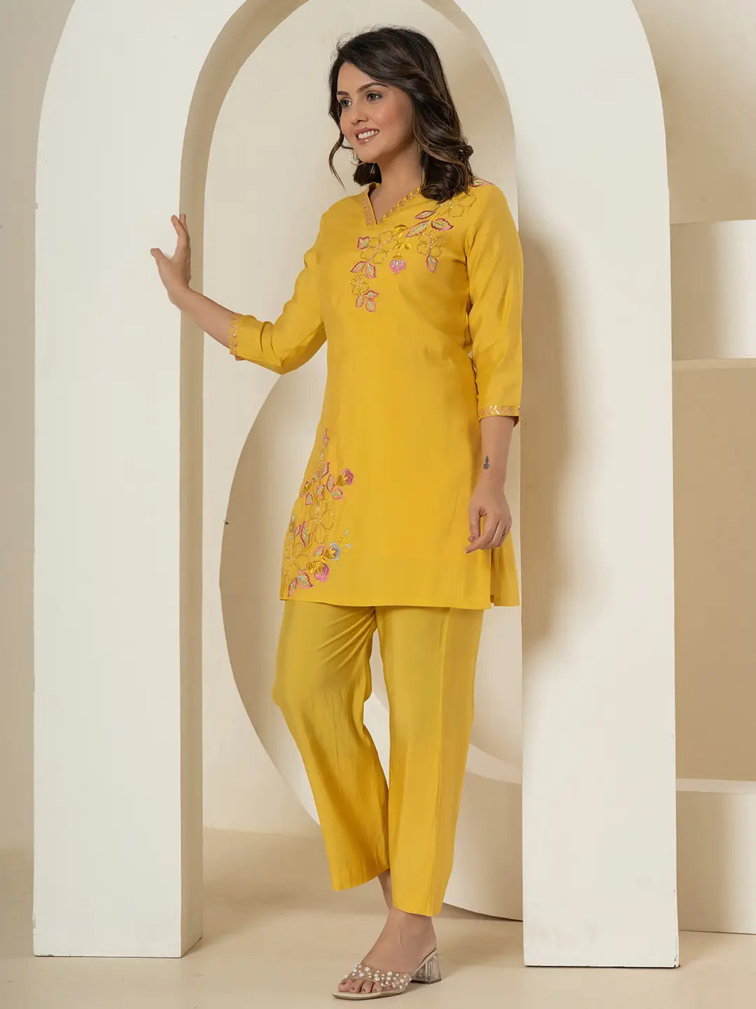 Yufta Yellow Thread_Work Shirt And Trouser Silk Blend Co-Ord Set - Swadesiicart