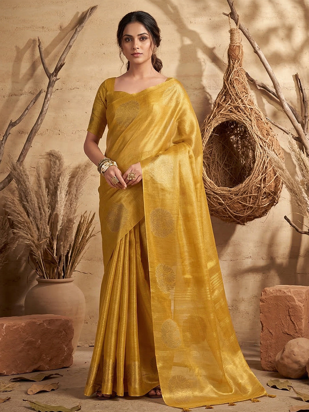 Anaita Yellow Tissue Silk Woven Saree With Blouse