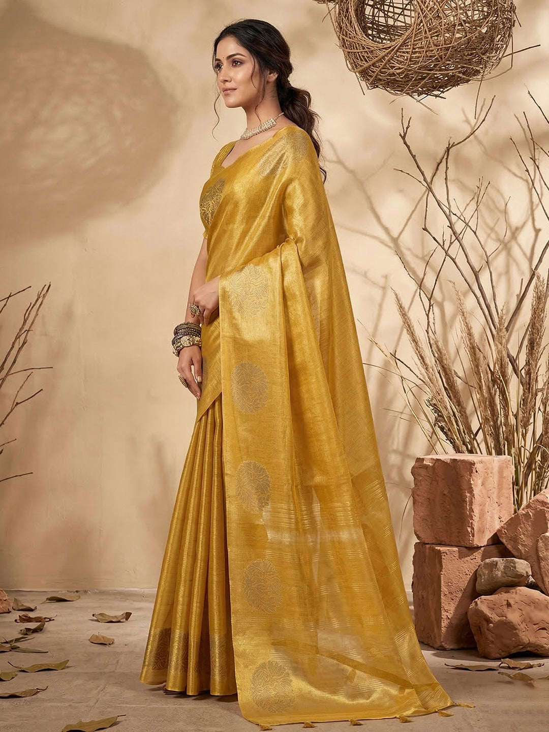 Anaita Yellow Tissue Silk Woven Saree With Blouse