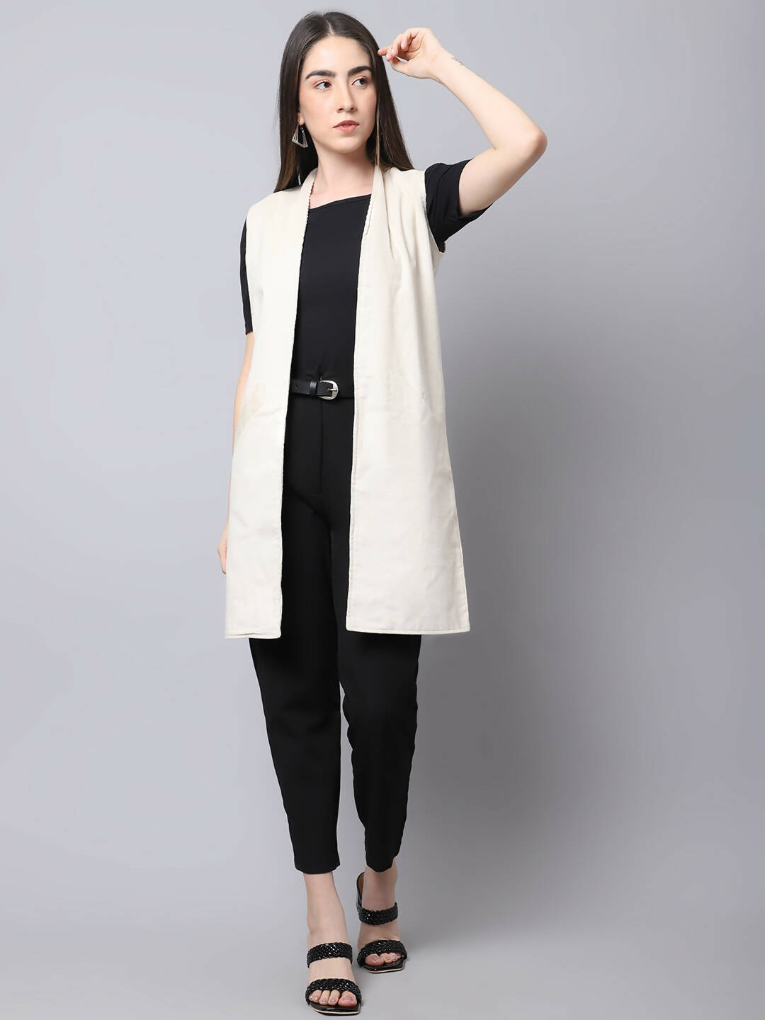 Even Apparels White Polywool Open Front Corduroy Women's Long Coat | Swadesiicart