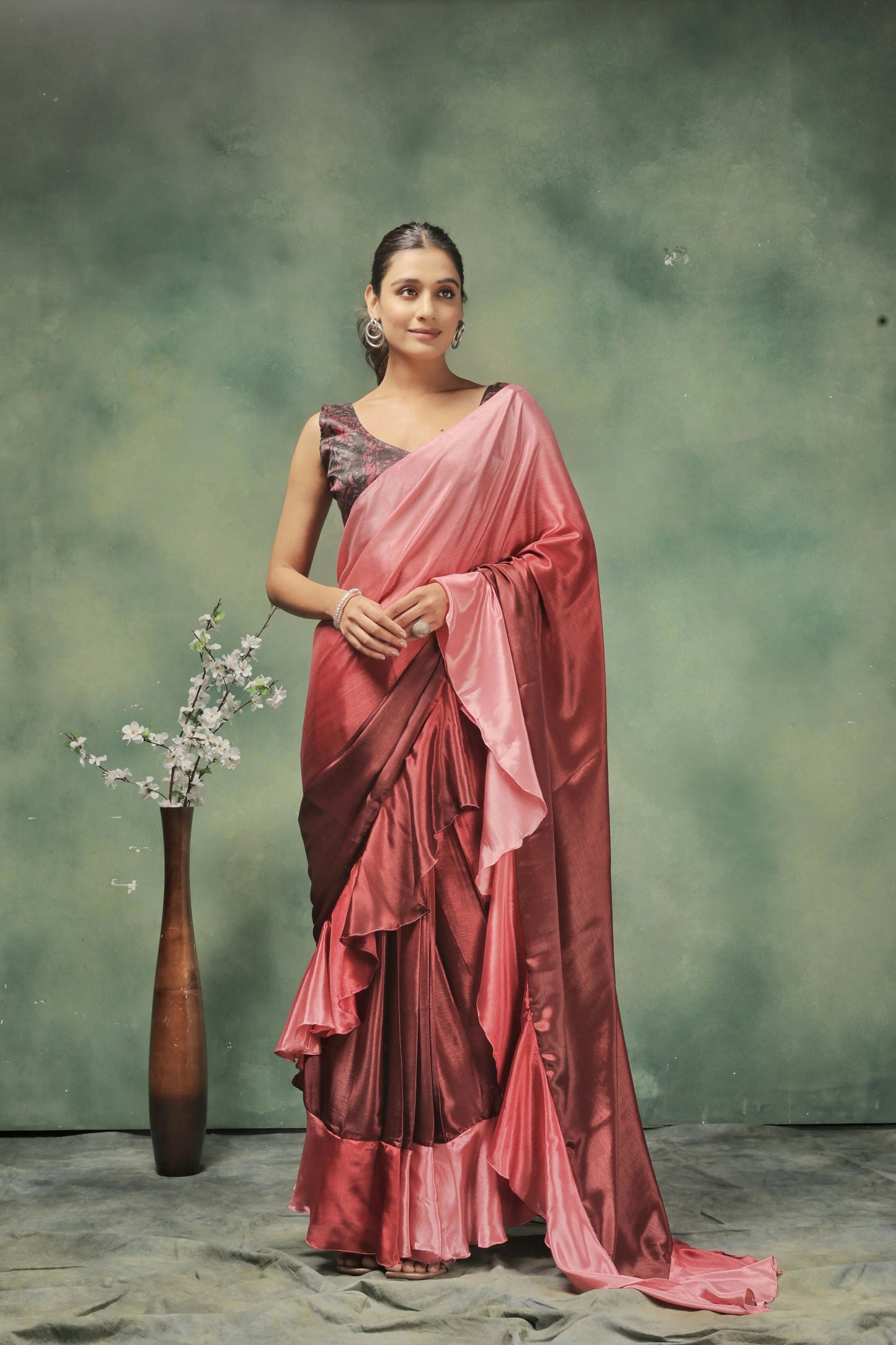 Pink Satin Solid Designer, Printed Party Wear Ready To Wear Saree - Nasreen | Swadesiicart